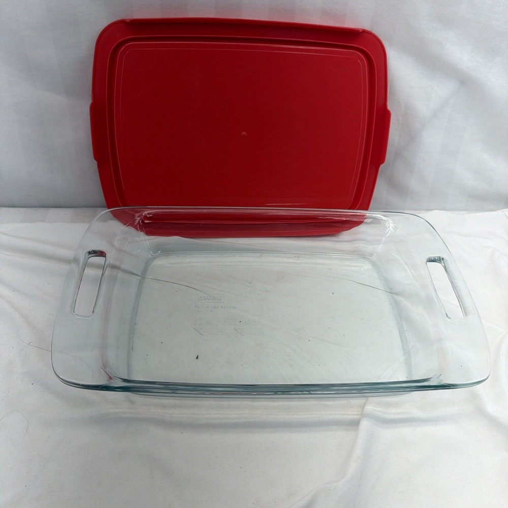 PYREX Clear Glass 3 Qt. #C233 Baking Dish w/Handles & Red Snap-on Lid ~ 13" x 9"